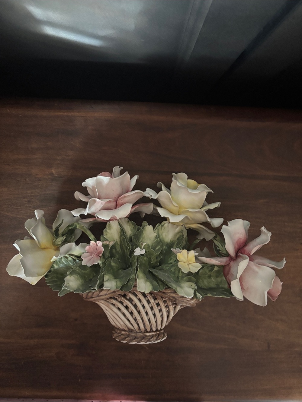 Vintage, Handcrafted Porcelain Floral Arrangement in Pink, Yellow and Green